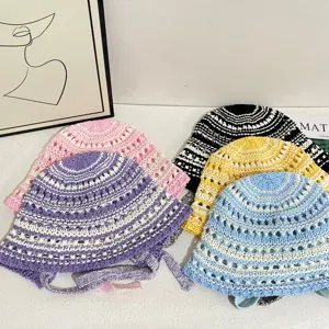 Hand Woven Hollow Lace-Up Fisherman Hat Women Sun Protection Breathable Fabric Bucket Hat For Summer Spring Outdoor Travel
