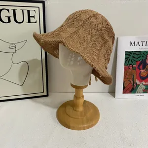 Korean Style Wheat Ear Hollow Knitted Bucket Hat For Women Lace-up Breathable Sun Hat Rolled Edge Sweet Fisherman Hat Travel Beach Sunshade Hat