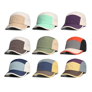 Details of colorful quick-dry 5-panel camp caps with side ventilation holes and color blocking.