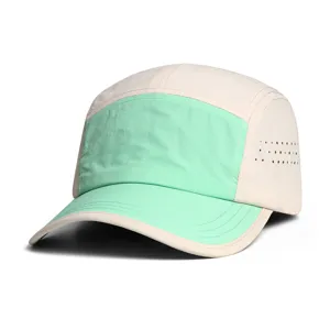 Quick-dry 5-panel cap detail, breathable mint green and beige design, outdoor sportswear.