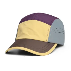 Color-blocked quick-dry 5-panel cap detail view, breathable outdoor sports hat.