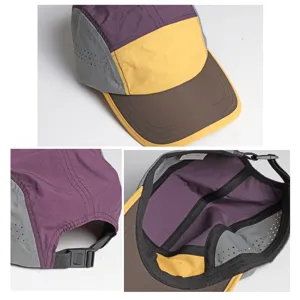 Detail view of multi-color 5-panel quick-dry cap showing front panels, adjustable strap.