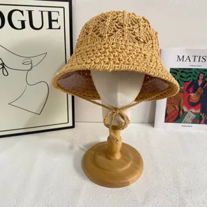 Women Hollow Out Straw Woven Hand Crochet Bucket Hat Summer Beach Vacation Sunshade Sun Protection Hat With Lace-up Strap