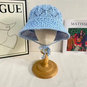 Blue crochet bucket hat for women summer beach straw sun hat handmade knitted cap