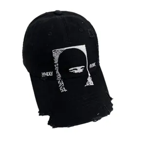 Distressed black baseball cap featuring unique ninja embroidery and trendy streetwear style.