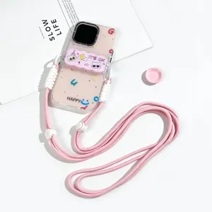 Golvende Acryl Telefoon Backclip Met Koord Crossbody Lange Halsketting Draagbare Anti-Val Schattige Cartoon Kat Telefoonhouder Riem Voor Dames Heren