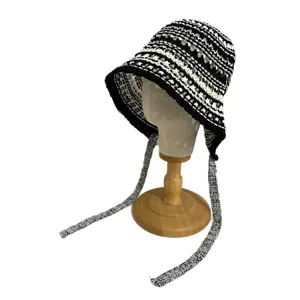 Handcrafted crochet hollow bucket hat with ties black and white sun protection casual women