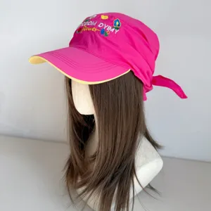 Pink flower embroidered baseball cap with headscarf design and yellow brim, stylish sun hat.