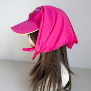 Pink sun protection baseball cap with neck flap, wide brim and cute floral embroidery detail.