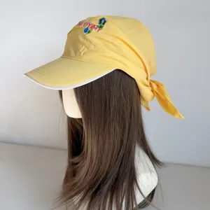 Yellow baseball cap with long headscarf tail, sweet floral embroidery, sun protection hat.