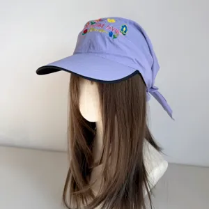 Sweet floral embroidered baseball cap with headscarf tail, stylish wide brim sun hat for women.