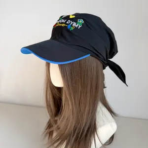 Black sun baseball cap with blue brim edge and headscarf tail, stylish embroidered design.