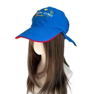 Cute floral embroidered baseball cap with scarf tail, stylish blue sun hat for women and men daily.