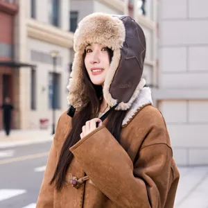 Chapeau trappeur en cuir d'hiver avec oreillettes en fausse fourrure, casquette aviateur.