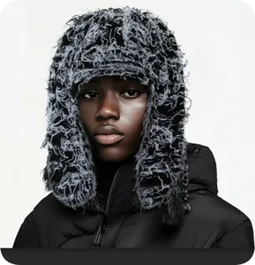 Shaggy fuzzy trapper hat closeup, thick warm winter streetwear beanie cap for men and women.