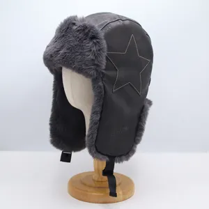 Bonnet aviateur en cuir d'hiver avec oreillettes en peluche épaisse, casquette ushanka rétro.