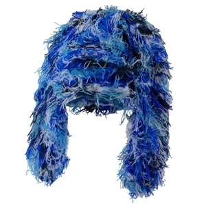 Fuzzy blue shaggy trapper hat detail, winter warm plush earflap knit cap close-up view