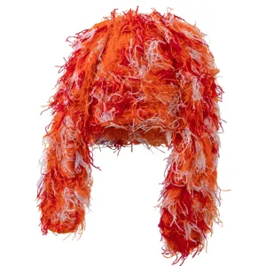Detailed view of the shaggy plush bunny ear hat with vibrant orange and white fringe.