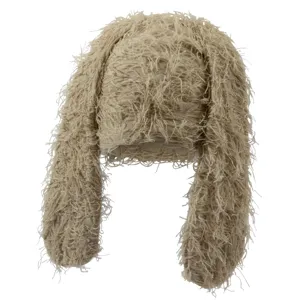 Cute bunny ears plush knitted hat for women and men, winter warm cozy fluffy bomber hat.