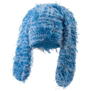Cute fluffy bunny ear winter hat, warm shaggy plush trapper cap for women and men streetwear.
