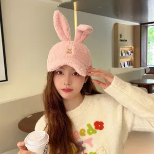 Cute Plush Bunny Ears Baseball Cap Winter Warm Lamb Fleece Hat Casual Animal Embroidery Duck Tongue Hat