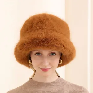Chapeau seau en fourrure duveteuse marron pour femme, chapeau d'hiver chaud, bonnet en peluche.