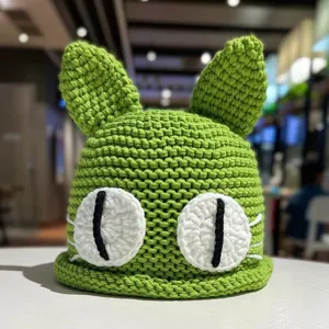 Handmade green crochet cat ear beanie winter warm knit hat cute sweet pullover cap for women