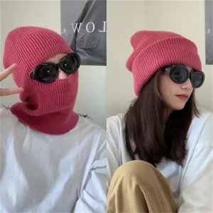 Winter pink knitted balaclava face-kini convertible beanie warm windproof winter ski hat.