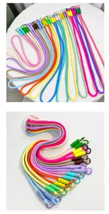 Colorful woven phone lanyard detail, crossbody strap with detachable ring and bright hues.