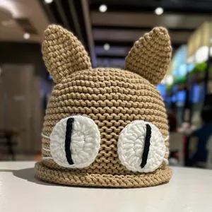 Handmade crochet cat ear beanie winter warm knit hat cute animal design plush winter cap for women.