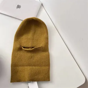 Knit balaclava winter warm face mask windproof cycling hood cap detail view mustard yellow
