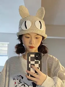 Cute cat ear knit hat with big eyes for women, handmade winter warm crochet beanie.