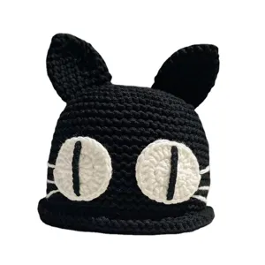 Cute handmade black cat crochet knit beanie hat with big eyes winter warm sweet pullover cap