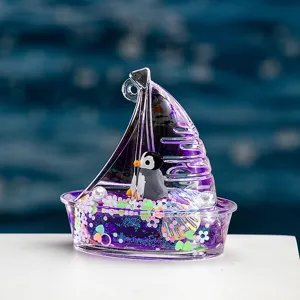 Porte-clés acrylique sablier voilier avec pingouin mignon, pendentif de sac à paillettes.