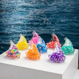 Porte-clés en Acrylique Bouteille de Sable Mouvant Voilier Style Océan Créatif Liquide Flottant Perles de Bulles Lumineuses Ornement de Sac
