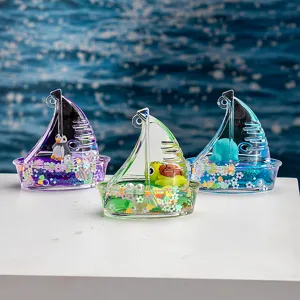 Porte-cles voilier creatif avec sable mouvant liquide et jolies figurines d'animaux marins acryliques