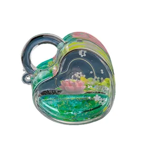 Mignon lotus liquide sable mouvant porte-clés acrylique sac pendentif huile verte paillette