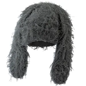 Dark grey plush rabbit ear knit hat, fluffy shaggy winter warm bomber hat for street style.