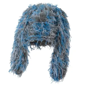 Cozy blue grey fluffy bunny ear knit hat, thick warm winter plush ushanka for stylish streetwear.