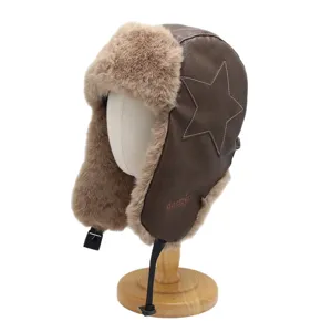 Chapeau aviateur en cuir chaud avec oreillettes en peluche, bonnet coupe-vent rétro hiver.
