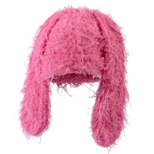 Cute pink bunny ear plush hat for women and men, winter warm shaggy bomber hat street style.