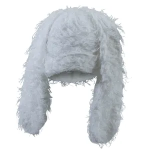 Detailed view of the white fluffy bunny ear plush hat, soft long fur texture for winter warmth.