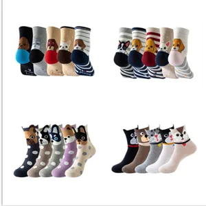 Women cotton mid-tube socks featuring cute cartoon cat and dog designs, soft and comfortable.