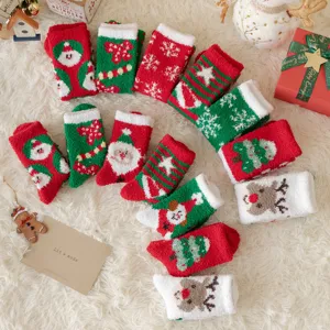 Chaussettes de Maison en Polaire Corail de Noël pour Femmes Épaisses Chaudes Chaussettes Chausson Hiver Mignons Père Noël Renne Cadeau Fête