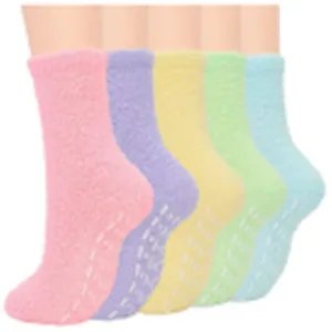 Soft fuzzy coral fleece winter socks with non-slip grippers, warm cozy multi-color set.