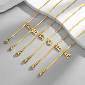 Gold snake chain necklace with initial letter pendant, stainless steel fashion jewelry for women.