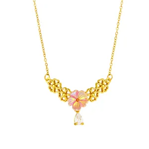 Verguld koperen zirkoon ketting, mooie roze bloem hanger, dames sleutelbeen ketting