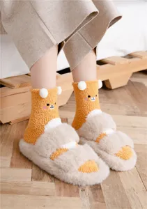 Cozy warm winter coral fleece socks with cute bear ears and fuzzy plush slippers.