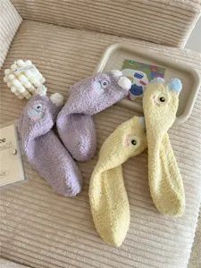 Fluffy fleece floor socks cozy cute cartoon monster warm winter loungewear for women detail