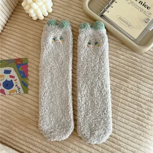 Cozy coral fleece home floor socks detail, thick warm winter socks with cute cartoon embroidery.
